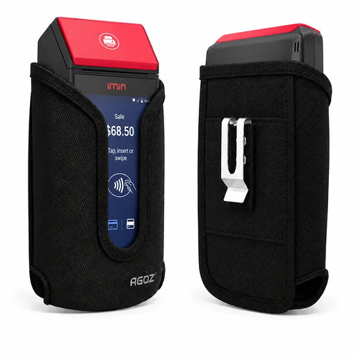 Front and rear views of Agoz rugged black iMin M2 POS holster with handheld terminal, secure metal belt clip, and protective fabric construction.