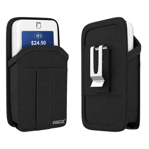 Front and back views of the black Agoz myPOS handheld case, showing the myPOS terminal inserted in the pouch and the secure rear metal belt clip.