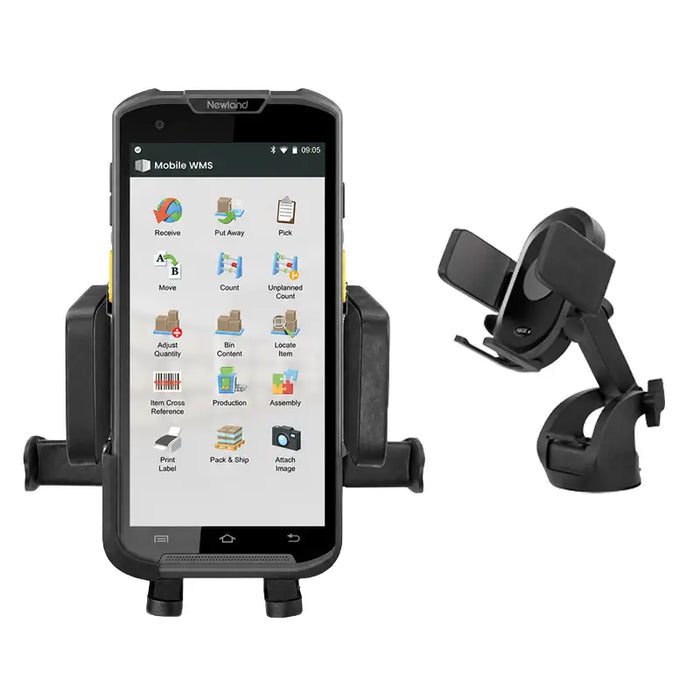 Newland mobile computer secured in a vehicle cradle mount with dashboard mounting bracket shown on a white background.
