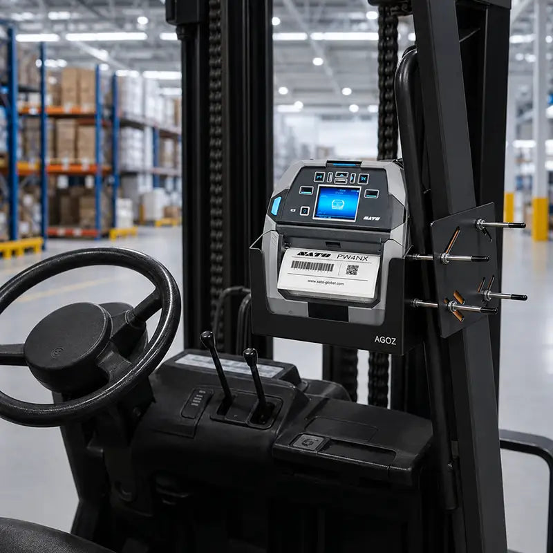 SATO mobile printer mounted on a forklift mast with AgozTech metal holder and bracket hardware.
