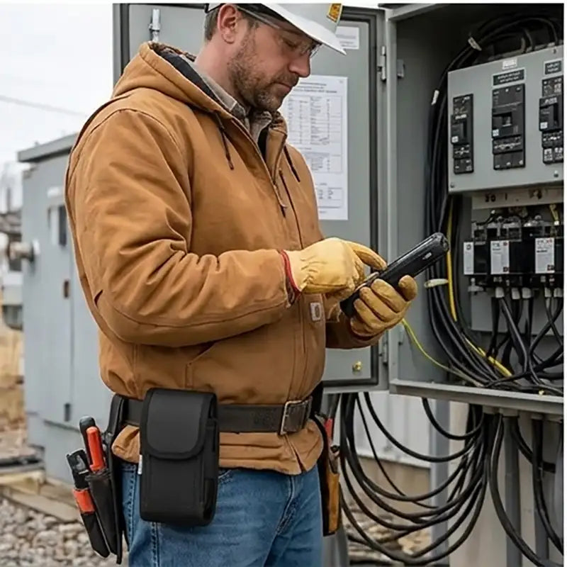 Rugged Janam mobile computer case with belt clip worn by field technician using handheld device at utility service cabinet.