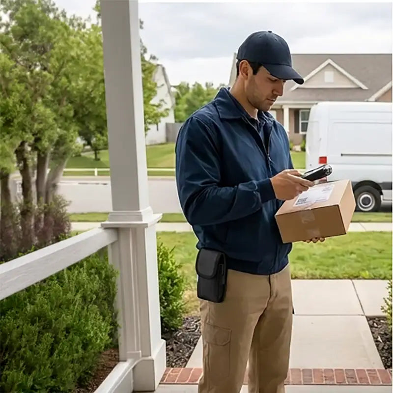 Delivery worker using a Datalogic handheld device while wearing the rugged belt clip case during route and package handling work.