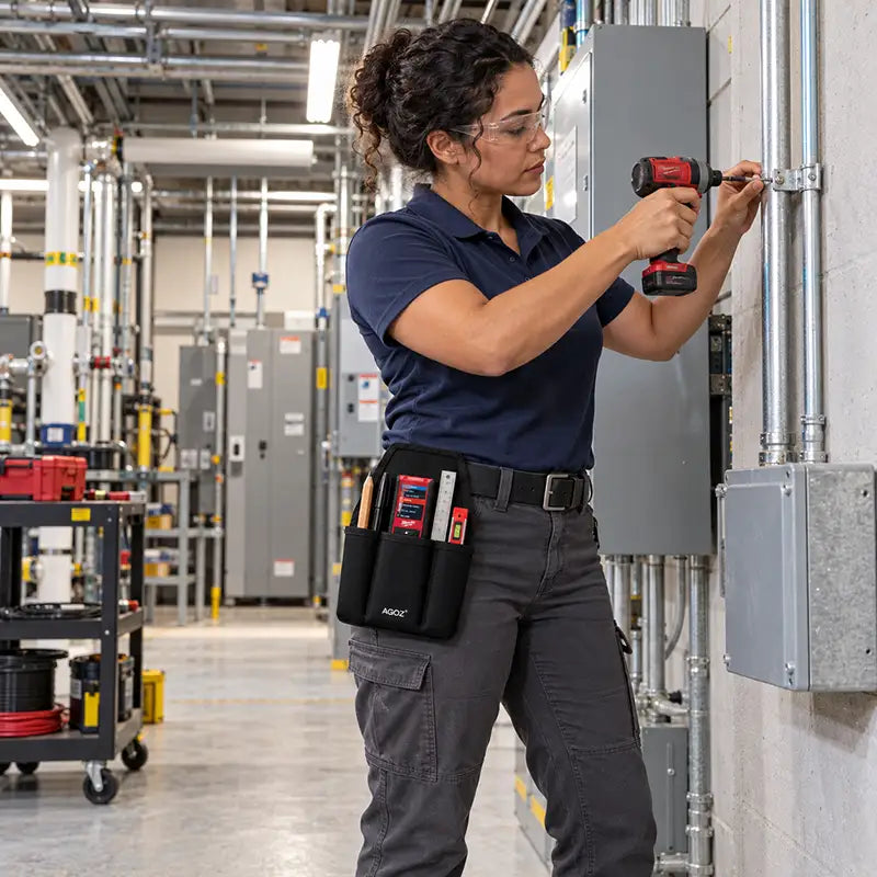 Maintenance technician using a cordless drill on electrical conduit while wearing a black Agoz utility tool pouch holding a Milwaukee laser distance meter and measuring accessories.