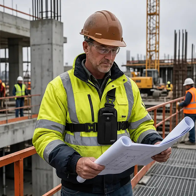 Construction lifestyle: Construction supervisor wearing the Agoz Sonim chest harness while reviewing site plans at an active commercial jobsite.
