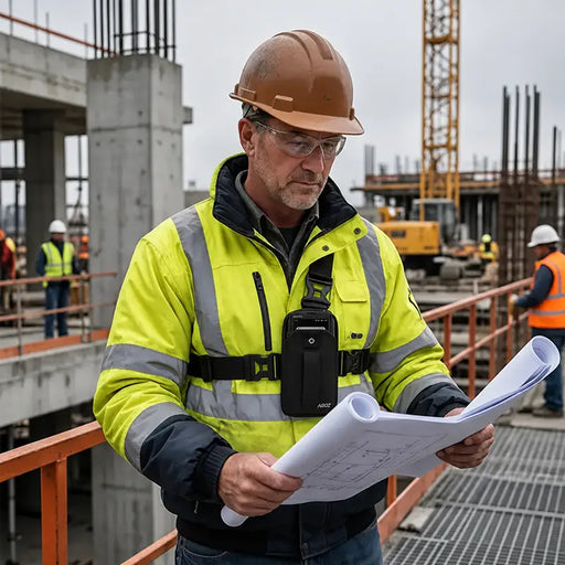 Construction lifestyle: Construction supervisor wearing the Agoz Sonim chest harness while reviewing site plans at an active commercial jobsite.
