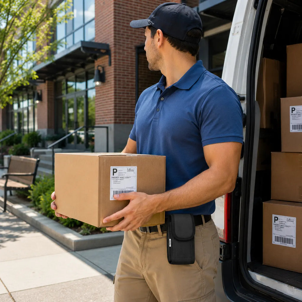 Delivery worker wearing the Urovo mobile computer case with belt clip while handling route packages from a service van.