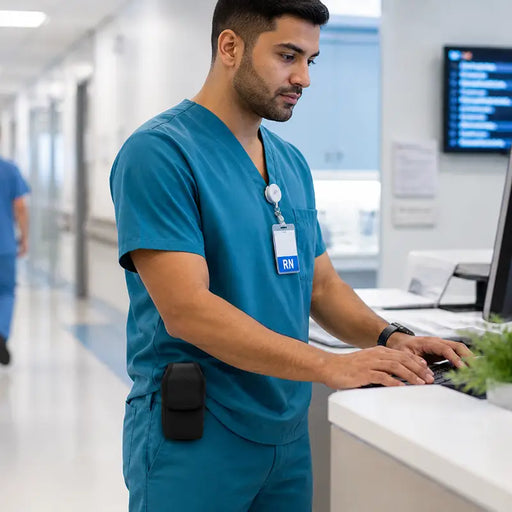 Healthcare worker wearing an Ascom Smart Handset holster clipped to scrubs at a hospital workstation