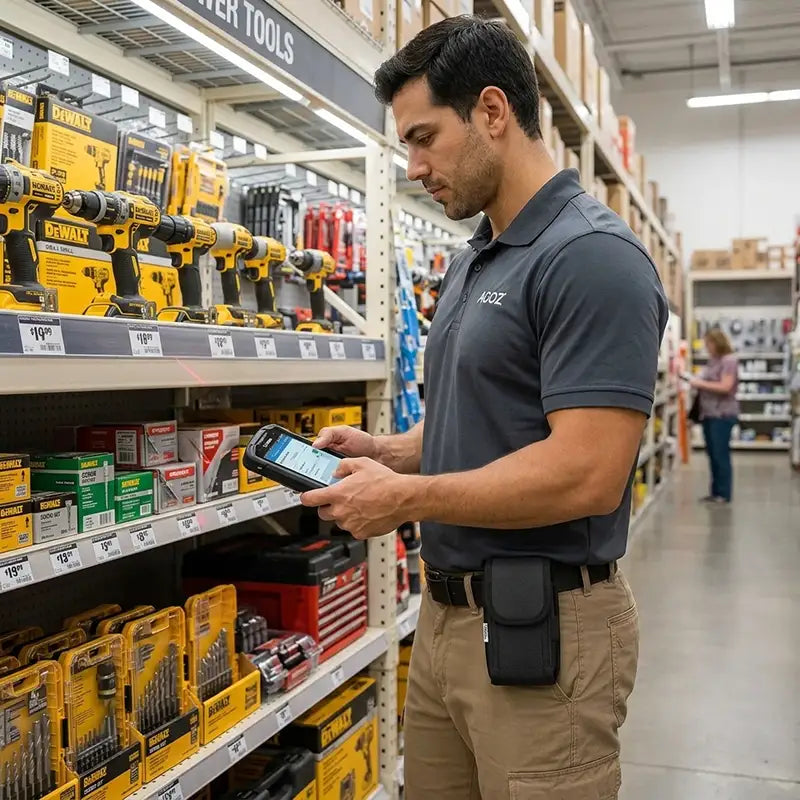 Agoz Bluebird mobile computer holster worn on a worker’s belt while using a Bluebird handheld computer for retail inventory tasks in a hardware store aisle.