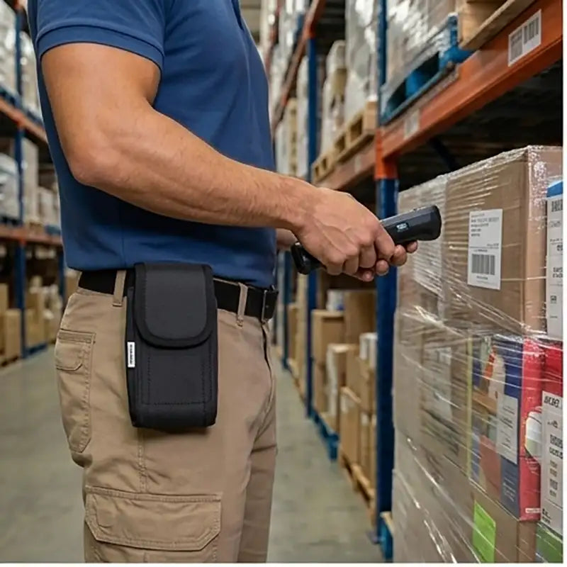 Worker wearing the Newland scanner case with metal belt clip while scanning pallet labels in a warehouse aisle.