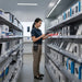 Elo mobile computer holster worn on a belt while a retail associate scans shelf inventory with an Elo handheld device.