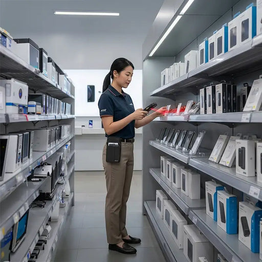 Worker using a Unitech mobile computer with a belt-mounted Agoz case during department inventory tasks in a retail stockroom.