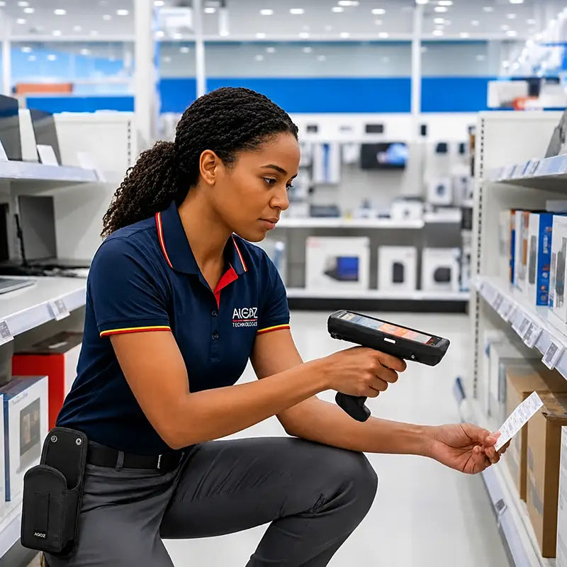 Retail worker using a handheld scanner while wearing an AgozTech belt case for mobile computer storage during shelf label and inventory tasks.
