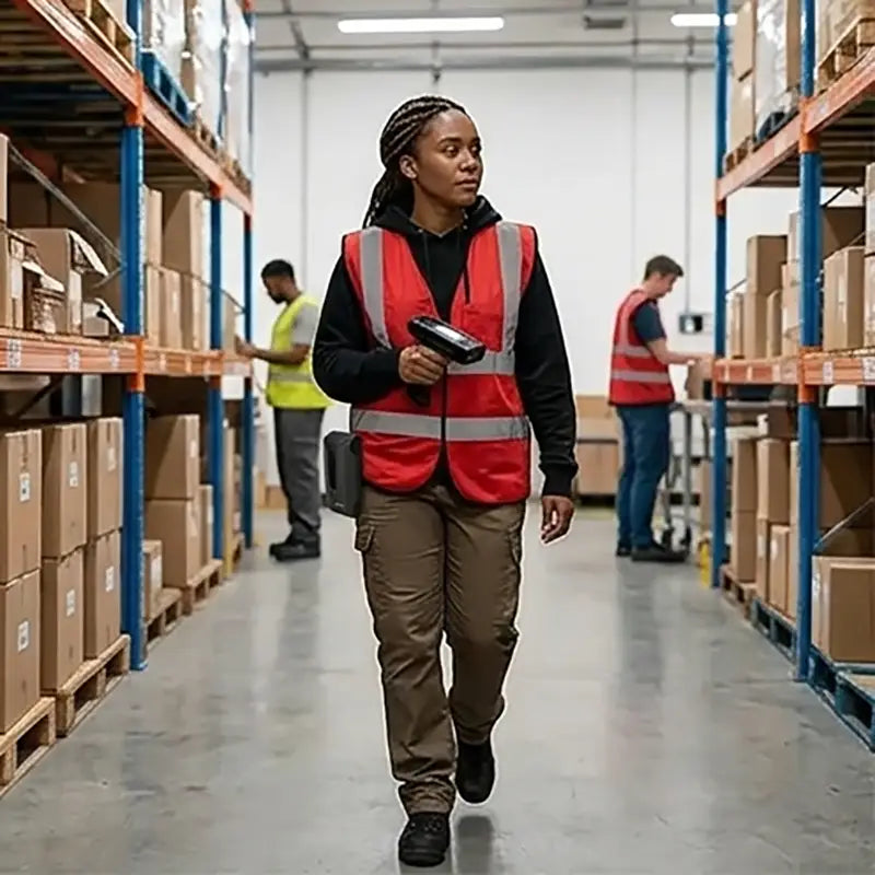 Warehouse worker wearing an Agoz Urovo trigger scanner case on the belt while walking through an aisle holding a scanner during logistics operations.