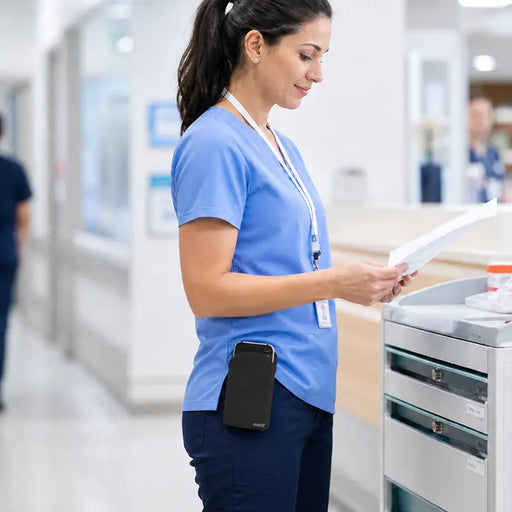 Healthcare worker wearing an Ascom DECT handset case clipped to scrub waistband in a hospital corridor