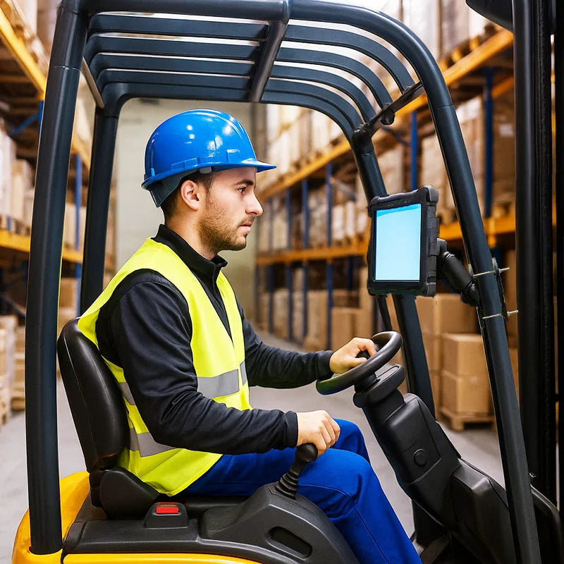 Forklift operator using mounted AgozTech Getac tablet holder during warehouse inventory and mobility work