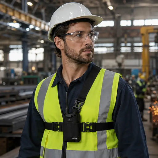Manufacturing worker wearing a chest harness pouch for DEWALT two-way radio inside an industrial facility