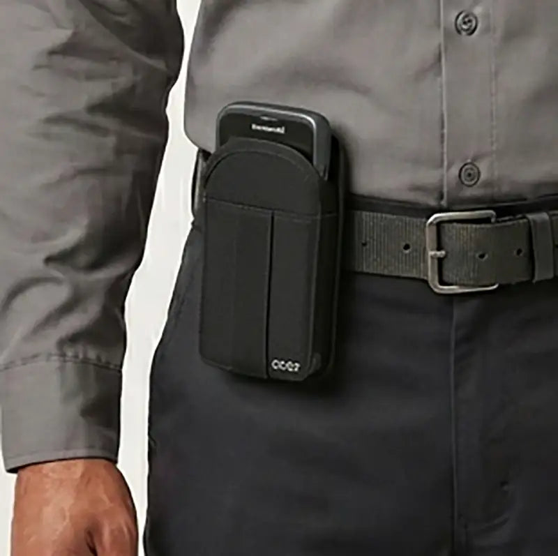 Worker wearing AgozTech holster case with Honeywell CT47 mobile computer on belt