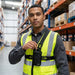 Warehouse worker wearing chest harness pouch for Baofeng two-way radio
