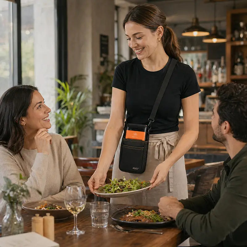 Sunmi POS terminal in Agoz crossbody pouch for restaurant service use