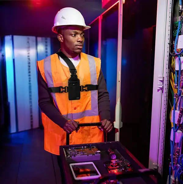 Field technician wearing Unication radio chest harness holster for hands-free access