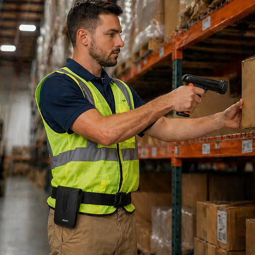 Agoz mobile terminal case worn by warehouse worker scanning boxes