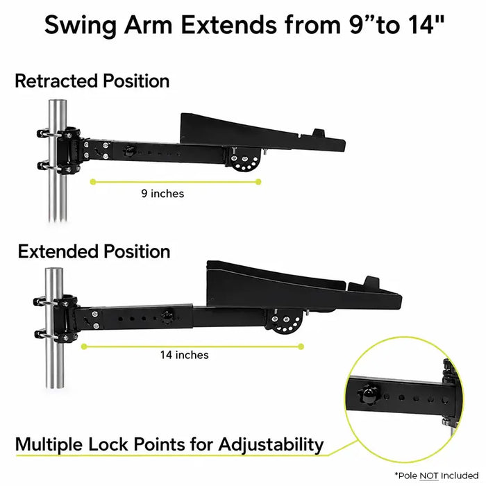 Agoz Seiko SII printer pole-mount arm shown in 9-inch retracted and 14-inch extended positions with multiple locking points.