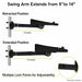 Agoz Honeywell printer pole-mount arm shown in 9-inch retracted and 14-inch extended positions with multiple locking points.