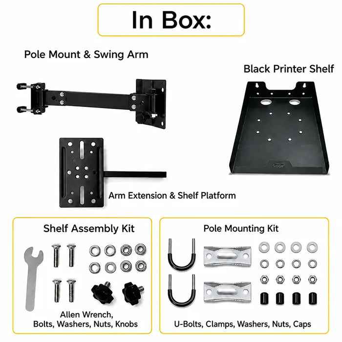 Agoz Zebra printer pole mount package contents with swing arm, shelf, hardware, U-bolts, and clamps.