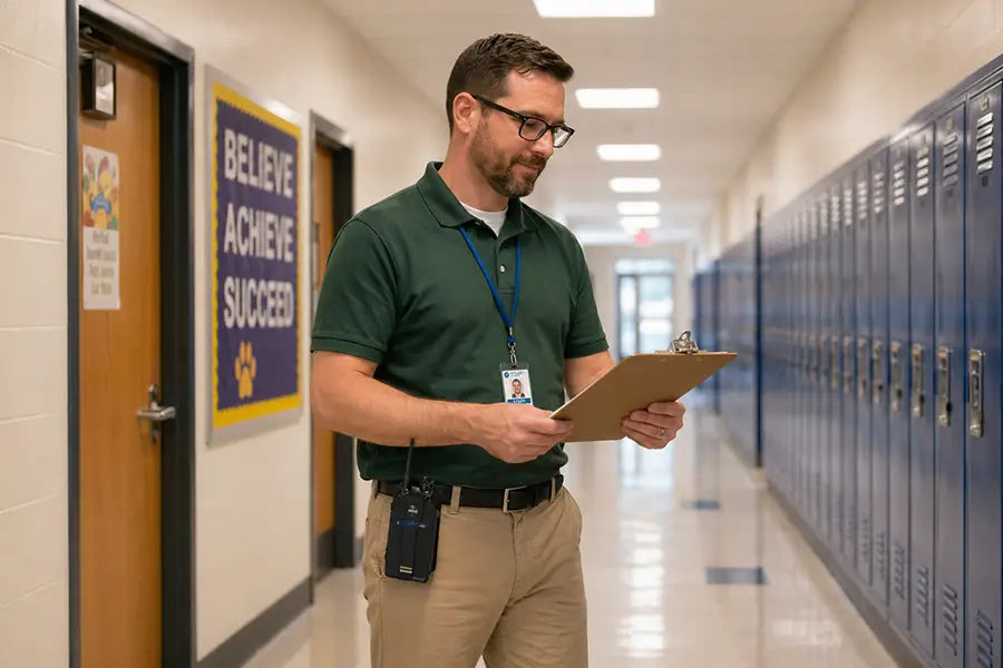 School staff member wearing AgozTech Icom Radio Holster on waist belt while checking clipboard in hallway