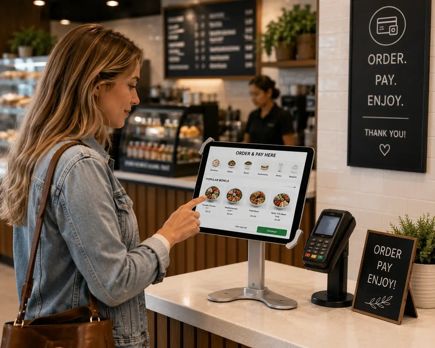 A customer using a tablet on a stand for check out