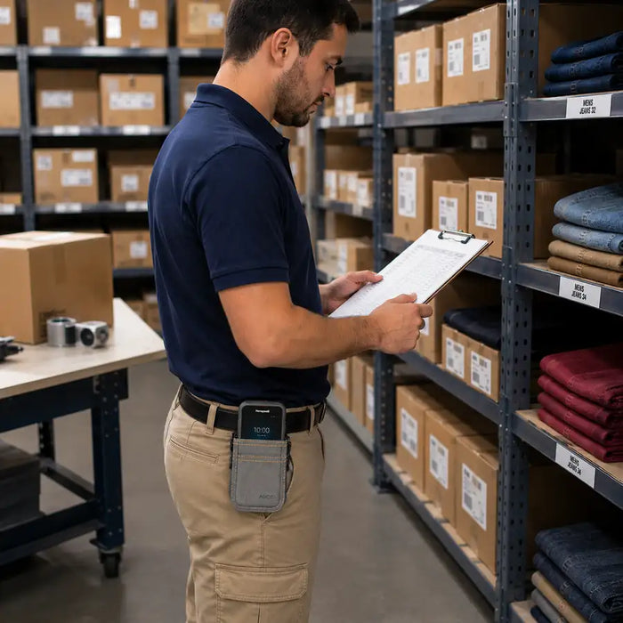 A Woman with a small Case Pouch with Waist Belt for Honeywell Scanner in a retail inventory room