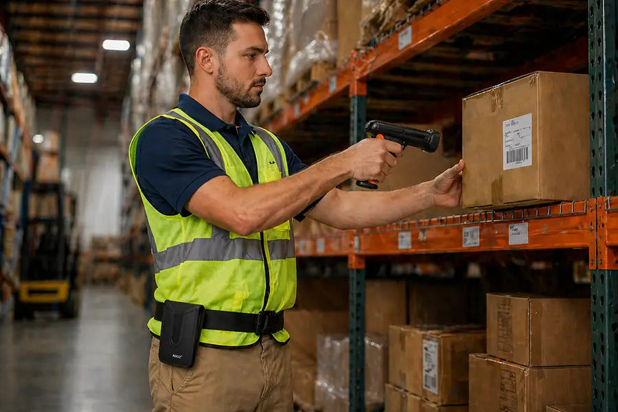 Warehouse worker scanning a box with Sunmi trigger handle terminal