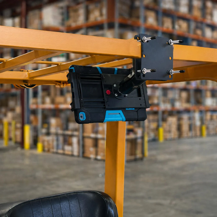 AGOZ iPad Tablet Mount Holder for Forklifts attached to the overhead forklift frame with adjustable bracket hardware.