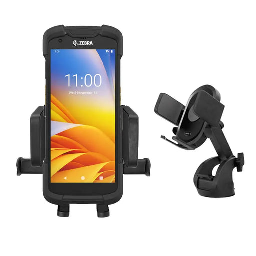 Zebra TC78 mobile computer with suction cup dashboard mount, front and angled view