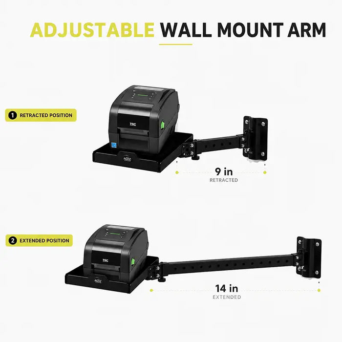 AgozTech adjustable wall mount printer shelf shown in retracted and extended positions with a TSC desktop label printer for warehouse labeling stations.