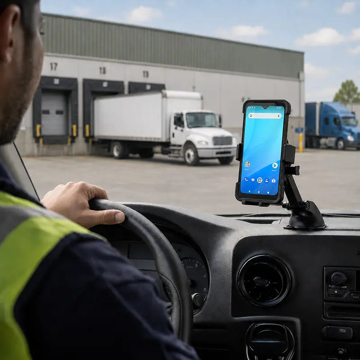 Unitech mobile scanner mounted in an AgozTech dashboard vehicle cradle inside a delivery vehicle near a loading dock.