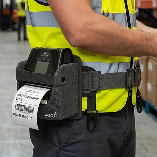 Zebra ZQ630 mobile printer on AGOZ waist belt holder printing inventory label