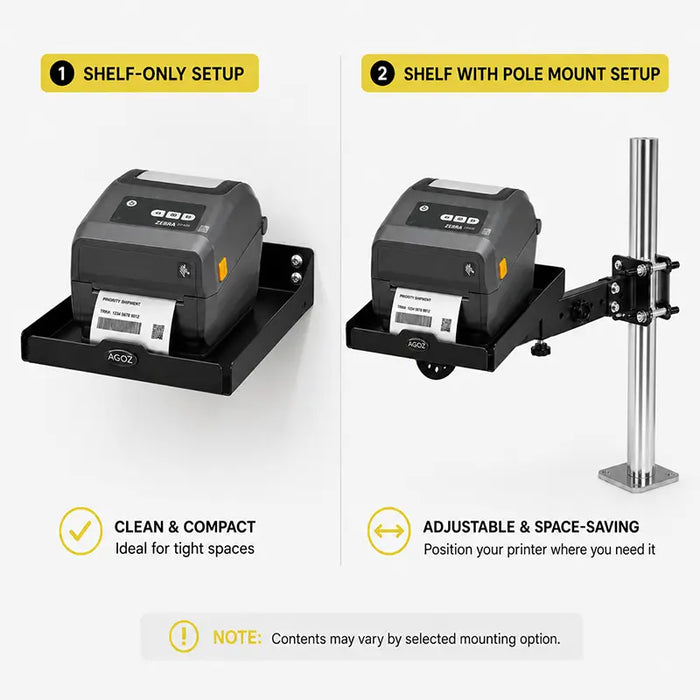 Comparison of the Agoz shelf-only setup and Zebra printer shelf with adjustable pole mount.