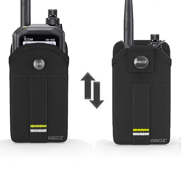 Icom ID-50 radio shown inside AgozTech holster with adjustable open and closed carry positions