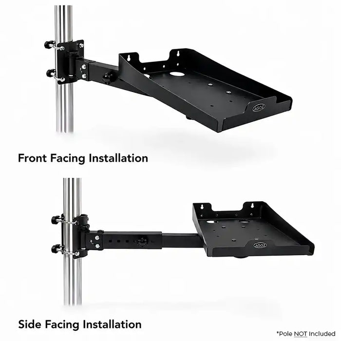 Agoz pole-mounted shelf for a TSC label printer shown in front-facing and side-facing installation configurations.