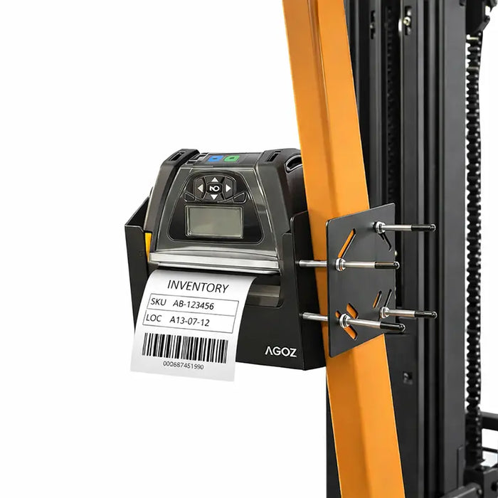 Zebra ZQ630 mobile printer mounted on forklift pillar in AgozTech metal holder printing inventory label