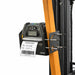 Zebra ZQ630 mobile printer mounted on forklift pillar in AgozTech metal holder printing inventory label